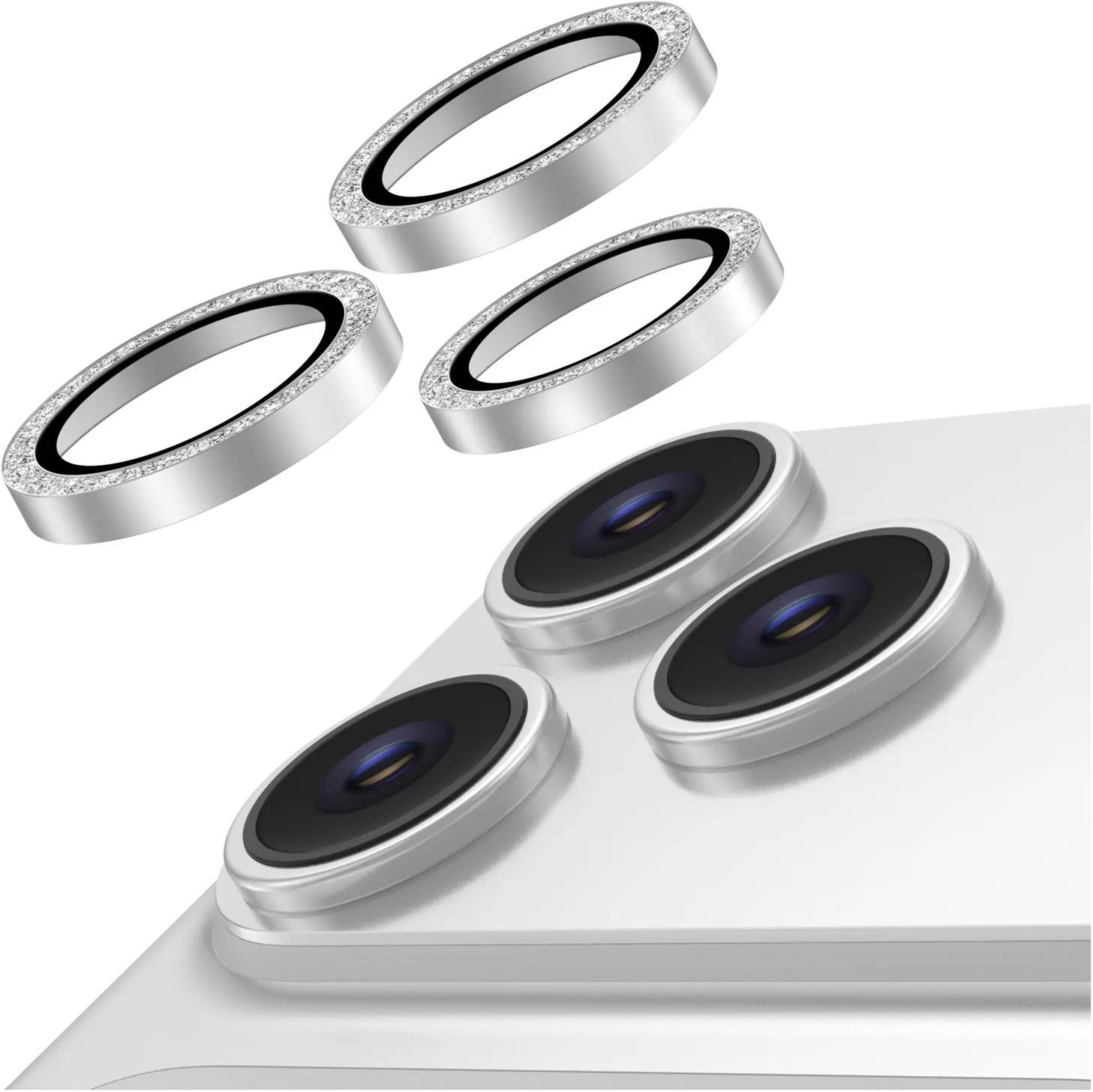 AVY Apple iPhone 18 Pro / 18 Pro Max Camera Lens Protector Rings Glitter Zilver afbeelding 1