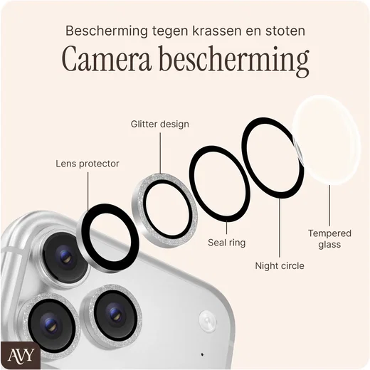 AVY Apple iPhone 18 Pro / 18 Pro Max Camera Lens Protector Rings Glitter Zilver afbeelding 2