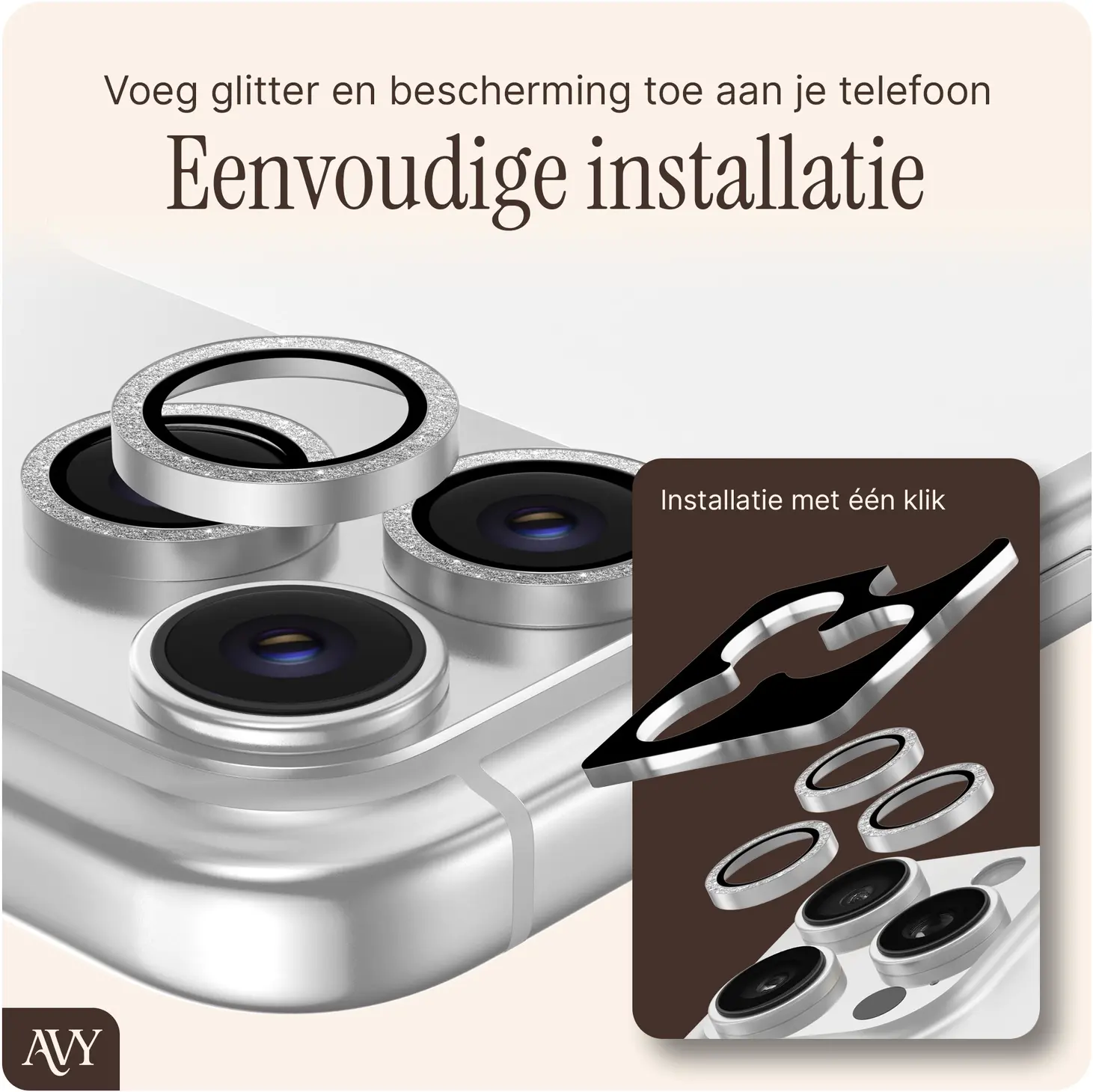 AVY Apple iPhone 18 Pro / 18 Pro Max Camera Lens Protector Rings Glitter Zilver afbeelding 6
