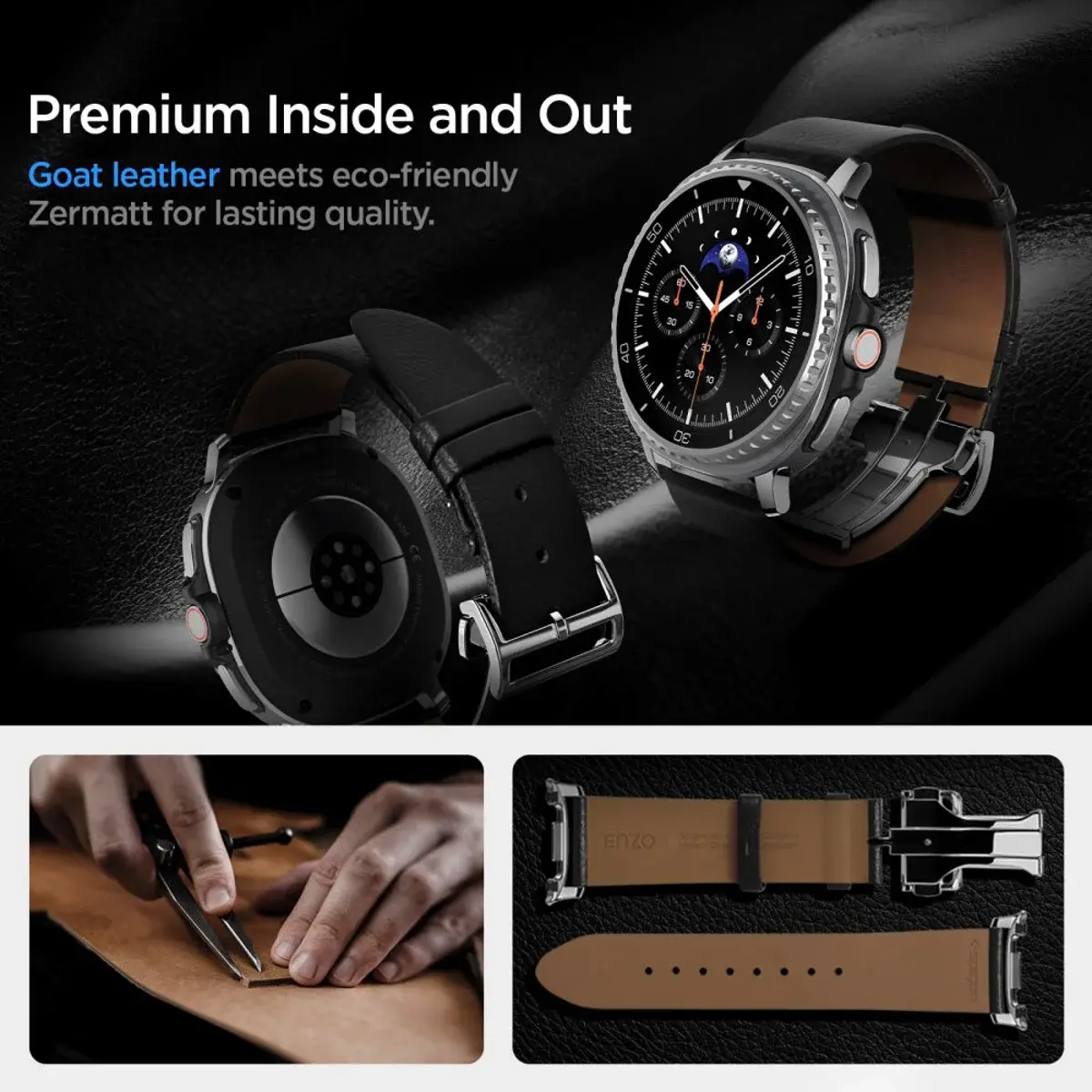 Spigen Enzo - Samsung Galaxy Watch 8 / 8 Classic Bandje - Echt Leer - Zwart afbeelding 3