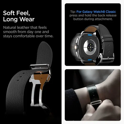 Spigen Enzo - Samsung Galaxy Watch 8 / 8 Classic Bandje - Echt Leer - Zwart afbeelding 6