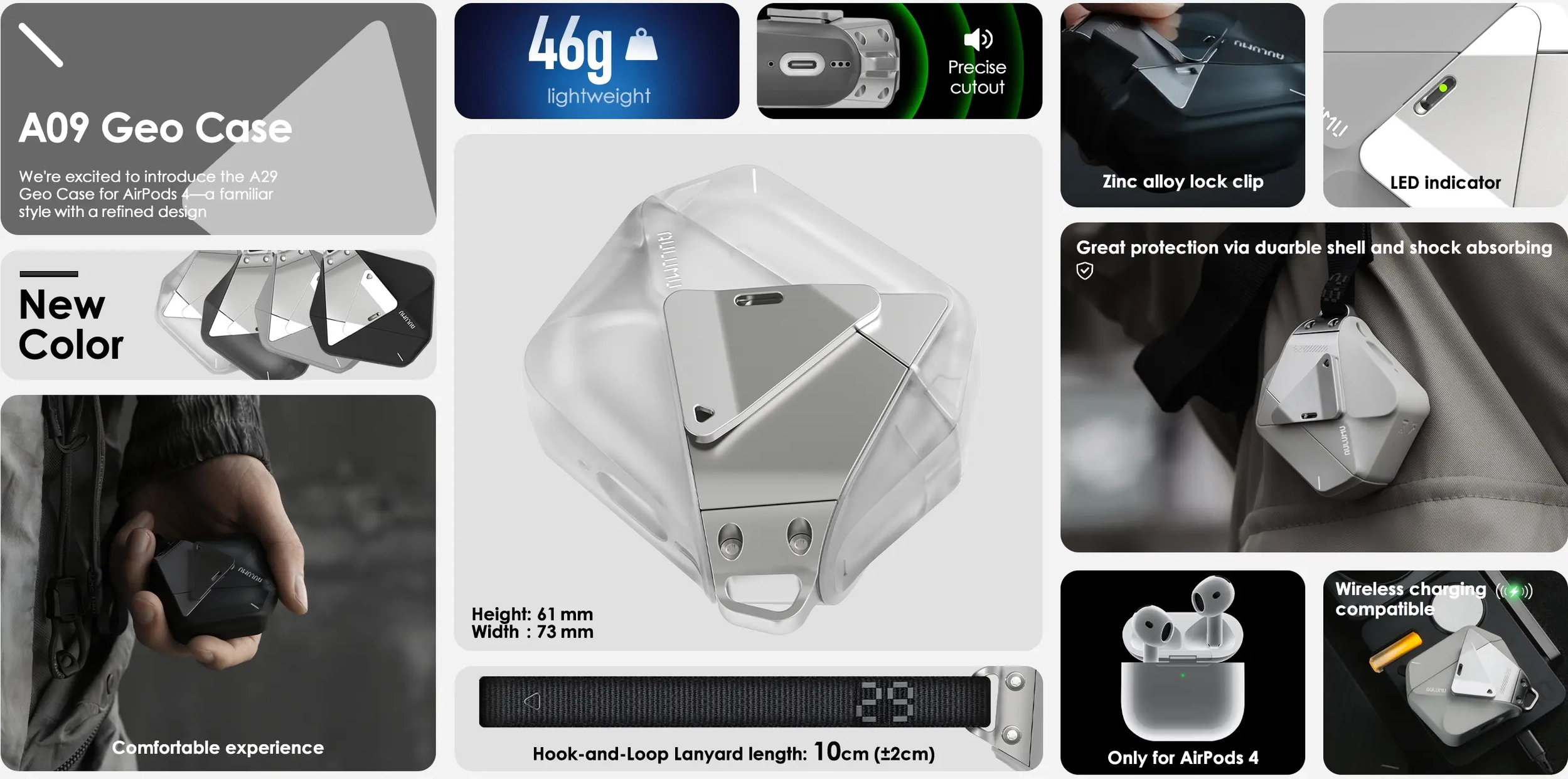 AULUMU Apple AirPods 4 Hoesje Schokbestendig met Koord Grijs afbeelding 12