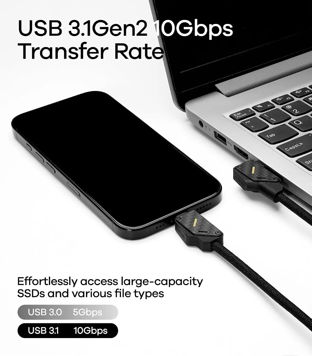 AULUMU M07 USB-C naar USB-C Kabel 240W Fast Charge 10Gbps 4K 60Hz 1.2 M Carbon afbeelding 5
