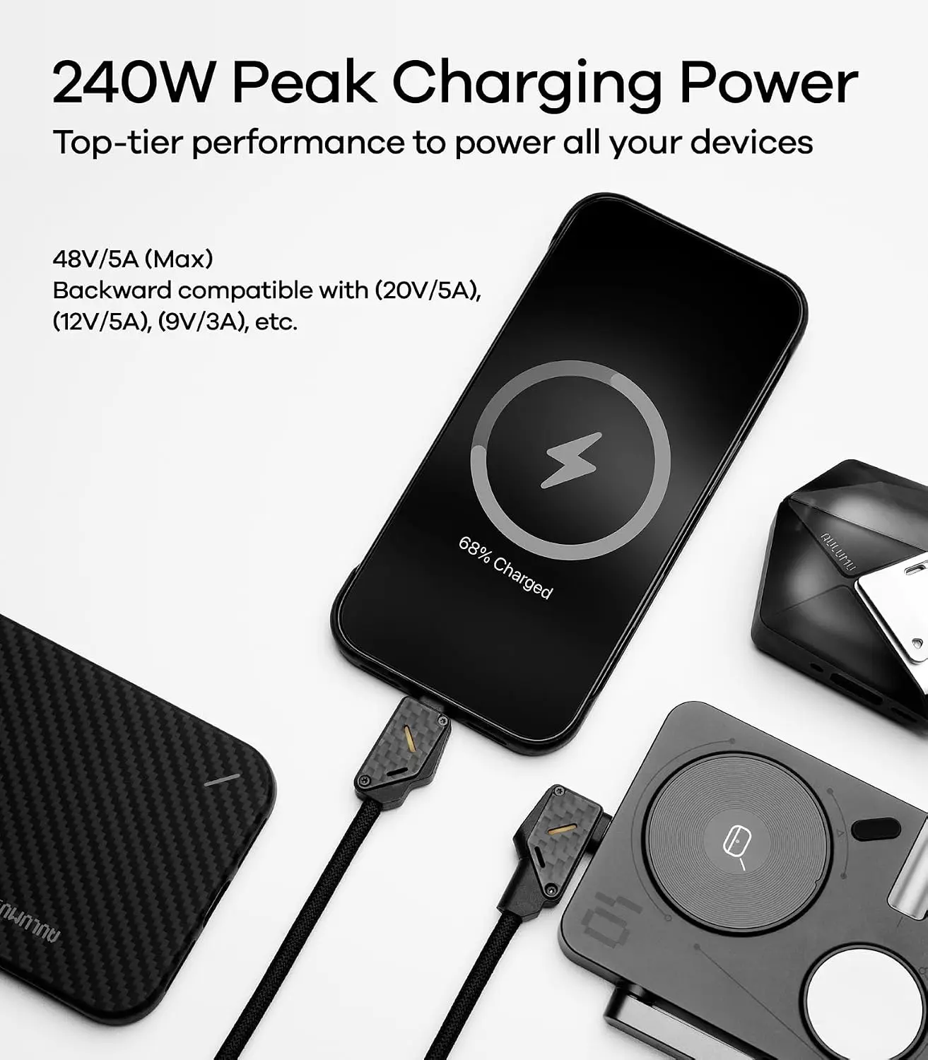 AULUMU M07 USB-C naar USB-C Kabel 240W Fast Charge 10Gbps 4K 60Hz 2 M Carbon afbeelding 3