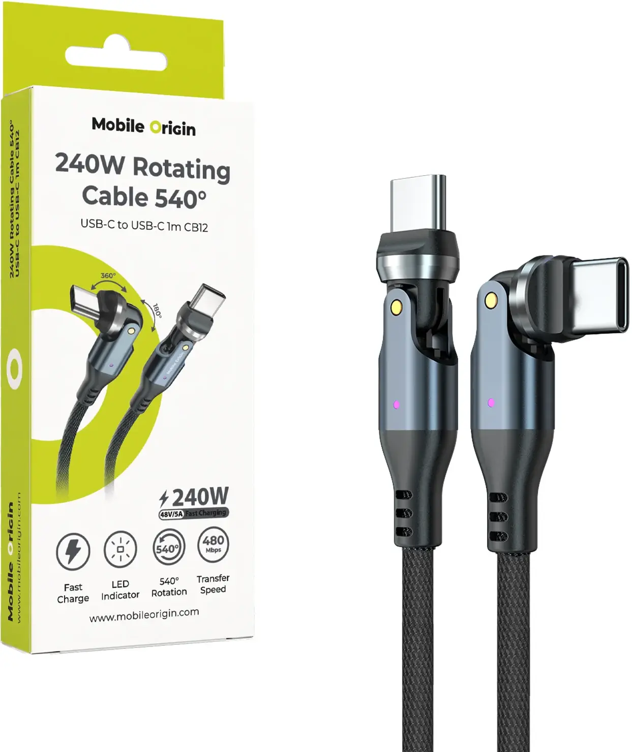 Mobile Origin USB-C naar USB-C Kabel 240W 540° Draaibaar 1 Meter Zwart afbeelding 1