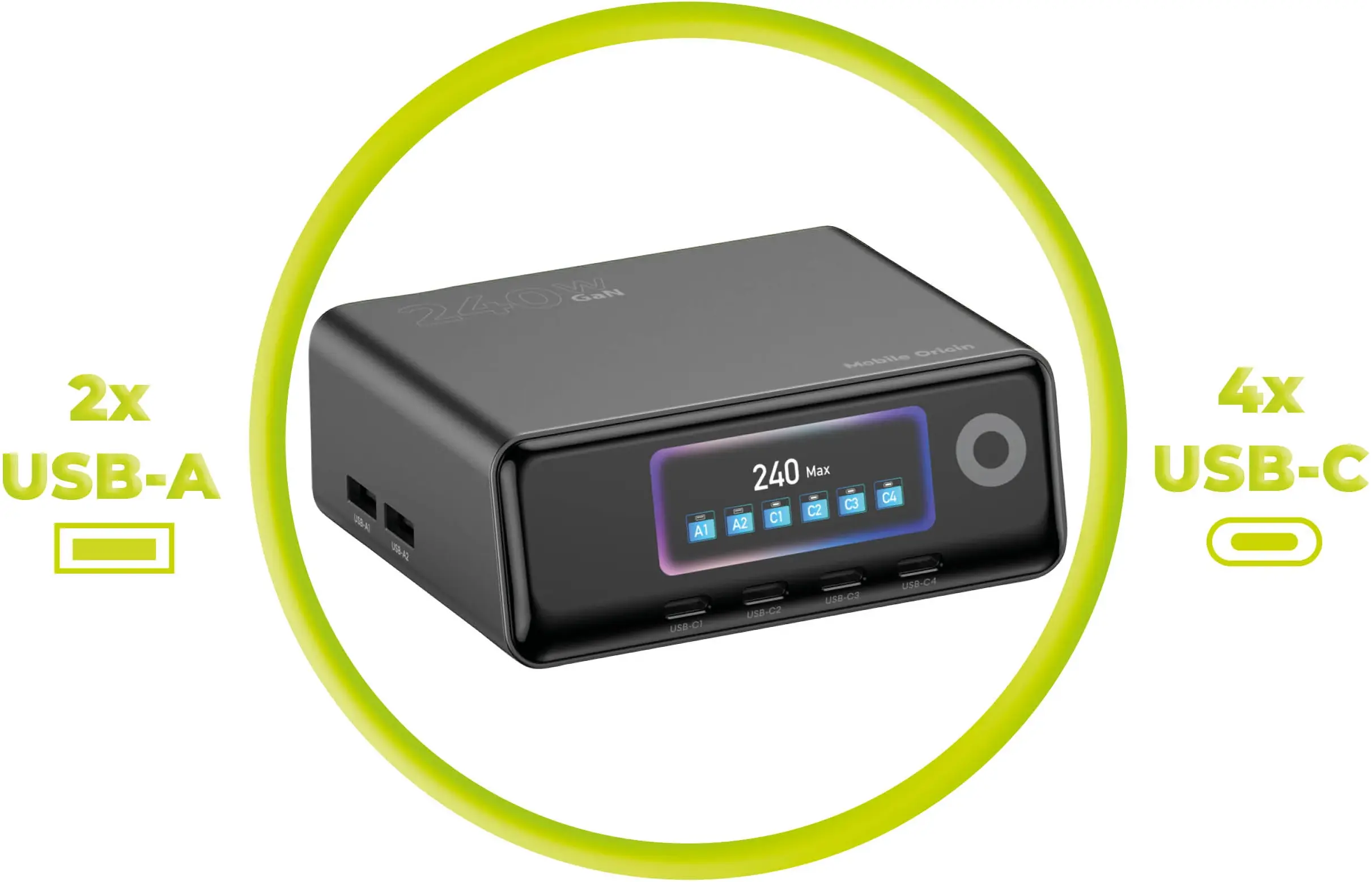 Mobile Origin (240W) GaN 6-Poorts USB-A / USB-C Oplaadstation met Display afbeelding 7