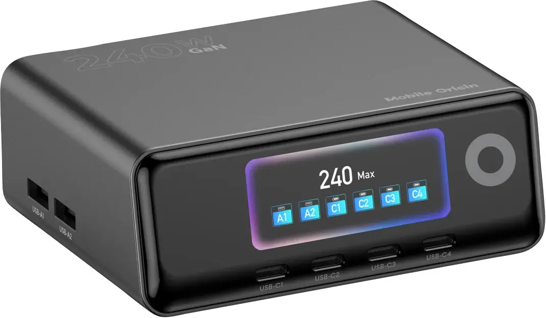 Mobile Origin (240W) GaN 6-Poorts USB-A / USB-C Oplaadstation met Display afbeelding 2