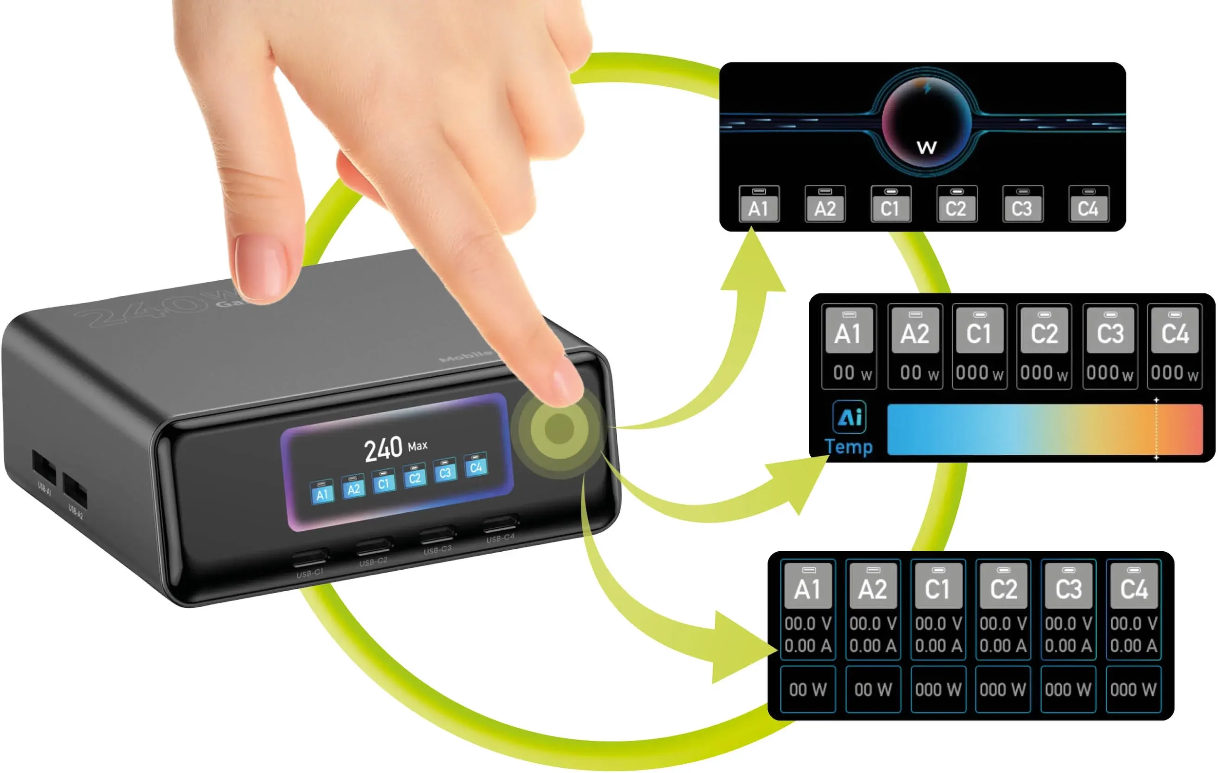 Mobile Origin (240W) GaN 6-Poorts USB-A / USB-C Oplaadstation met Display afbeelding 8