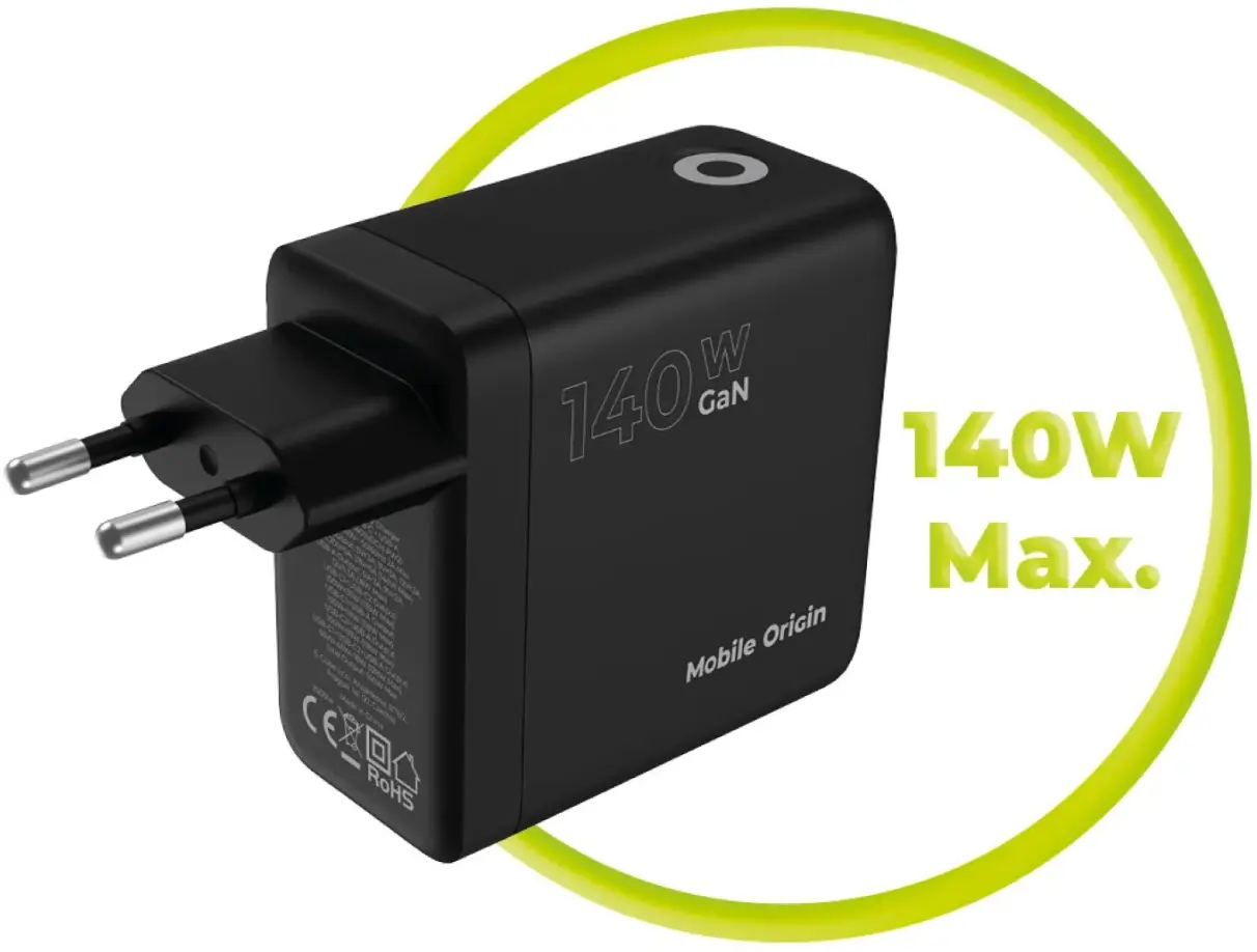 Mobile Origin GaN Oplader 140W met Display 2x USB-C + USB-A PD Zwart afbeelding 9