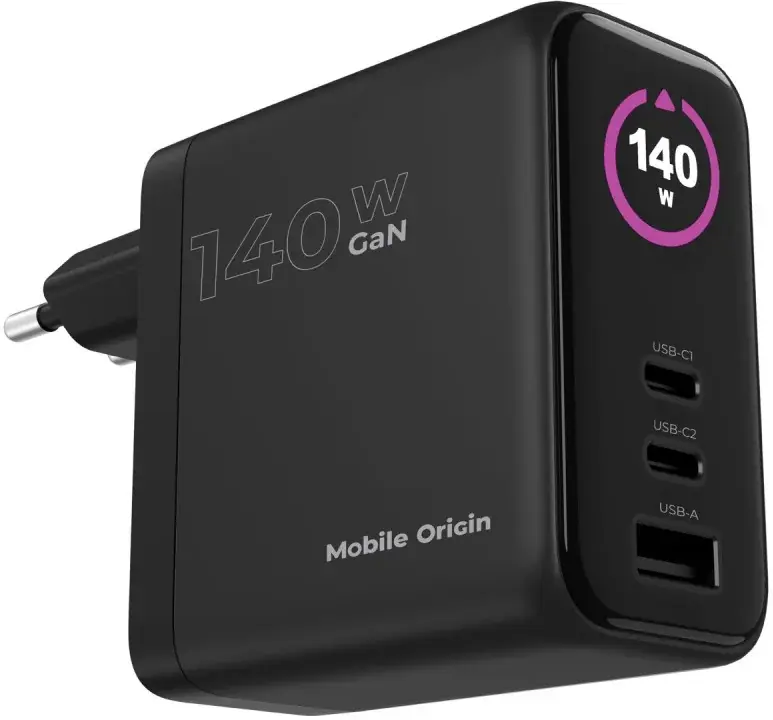 Mobile Origin GaN Oplader 140W met Display 2x USB-C + USB-A PD Zwart afbeelding 3