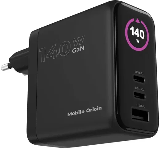 Mobile Origin GaN Oplader 140W met Display 2x USB-C + USB-A PD Zwart afbeelding 3