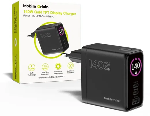 Mobile Origin GaN Oplader 140W met Display 2x USB-C + USB-A PD Zwart afbeelding 1