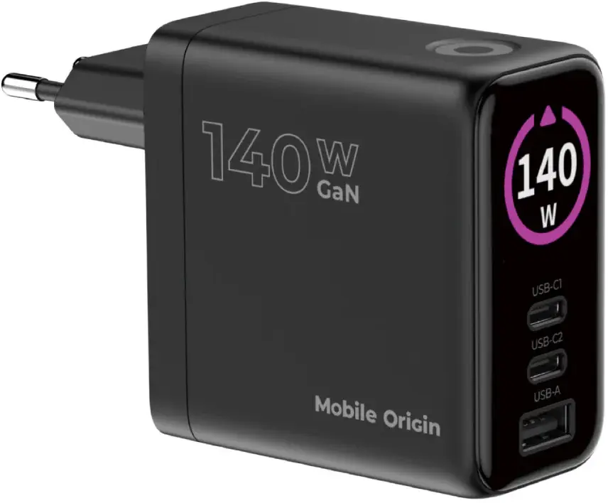 Mobile Origin GaN Oplader 140W met Display 2x USB-C + USB-A PD Zwart afbeelding 2
