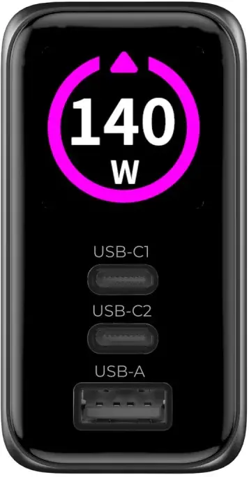 Mobile Origin GaN Oplader 140W met Display 2x USB-C + USB-A PD Zwart afbeelding 4