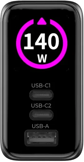 Mobile Origin GaN Oplader 140W met Display 2x USB-C + USB-A PD Zwart afbeelding 4