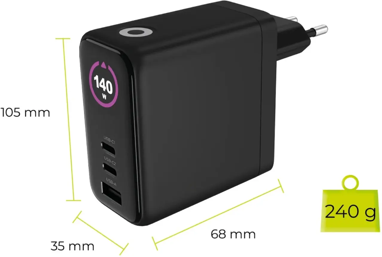 Mobile Origin GaN Oplader 140W met Display 2x USB-C + USB-A PD Zwart afbeelding 15