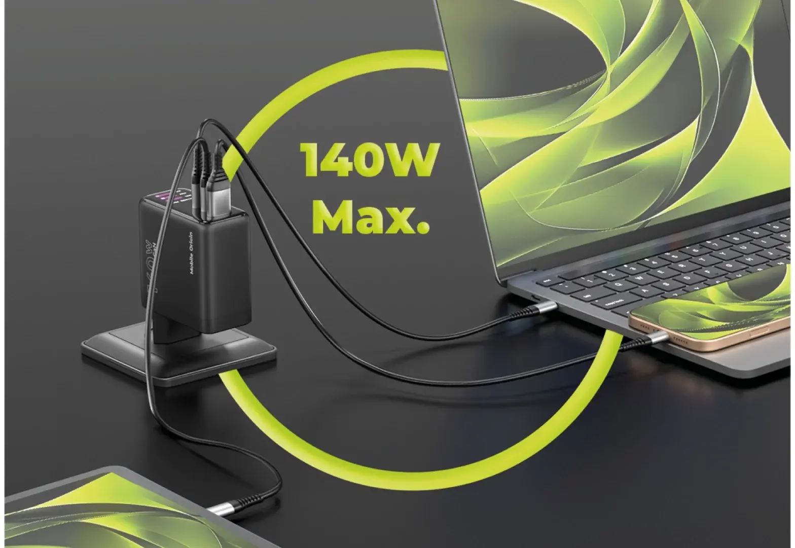 Mobile Origin GaN Oplader 140W met Display 2x USB-C + USB-A PD Zwart afbeelding 12