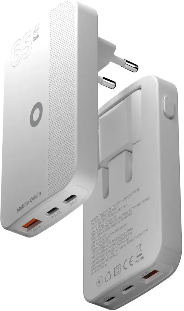 Mobile Origin GaN Oplader 65W 2x USB-C + 1x USB-A PD Wit afbeelding 3