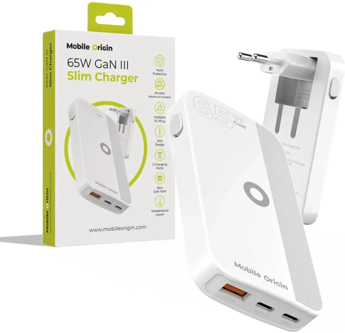 Mobile Origin GaN Oplader 65W 2x USB-C + 1x USB-A PD Wit afbeelding 1