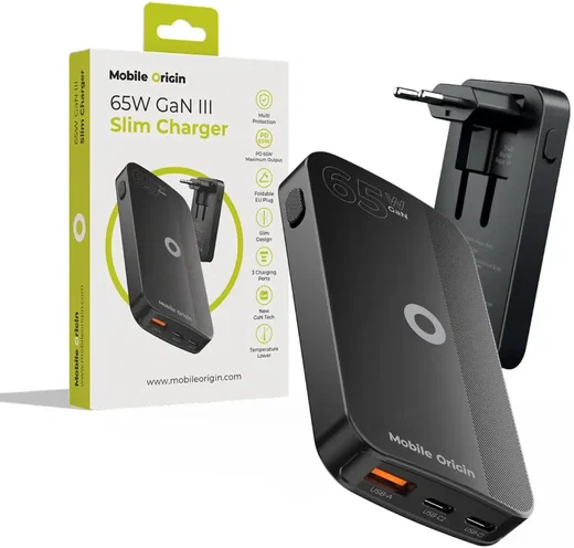 Mobile Origin GaN Oplader 65W 2x USB-C + 1x USB-A PD Zwart afbeelding 1