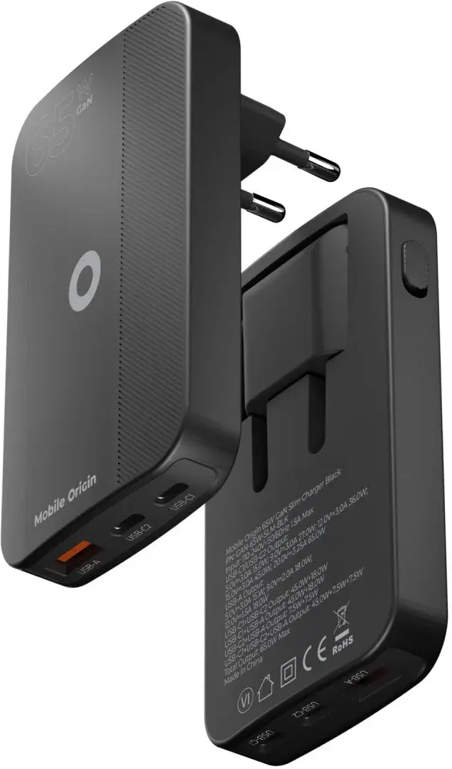Mobile Origin GaN Oplader 65W 2x USB-C + 1x USB-A PD Zwart afbeelding 3
