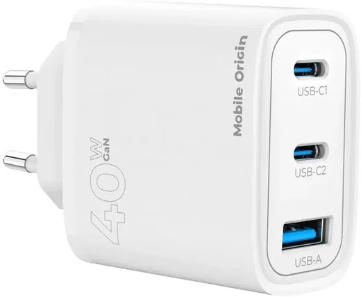 Mobile Origin GaN Oplader 40W 1x USB-A / 2x USB-C Power Delivery Wit afbeelding 4