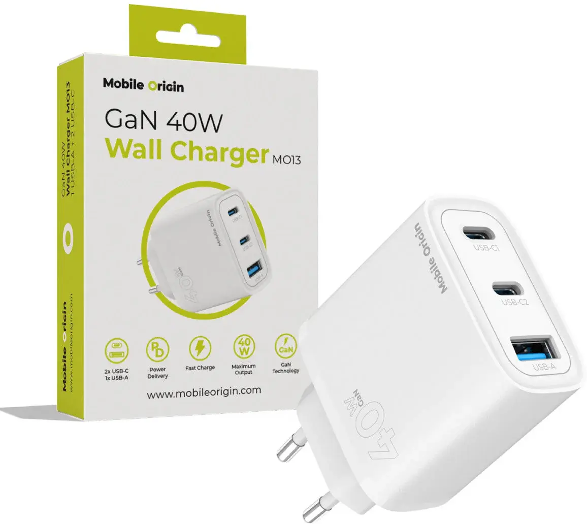 Mobile Origin GaN Oplader 40W 1x USB-A / 2x USB-C Power Delivery Wit afbeelding 1