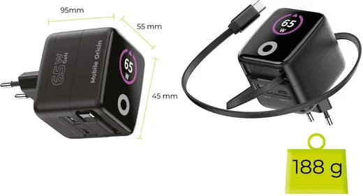 Mobile Origin GaN Oplader 65W met Display USB-C & USB-A + ingebouwde USB-C Kabel afbeelding 13