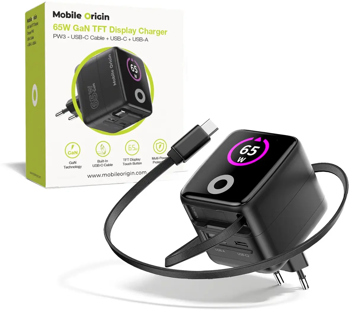 Mobile Origin GaN Oplader 65W met Display USB-C & USB-A + ingebouwde USB-C Kabel afbeelding 1