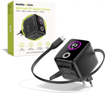Mobile Origin GaN Oplader 65W met Display USB-C & USB-A + ingebouwde USB-C Kabel