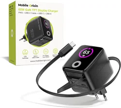 Mobile Origin GaN Oplader 65W met Display USB-C & USB-A + ingebouwde USB-C Kabel afbeelding