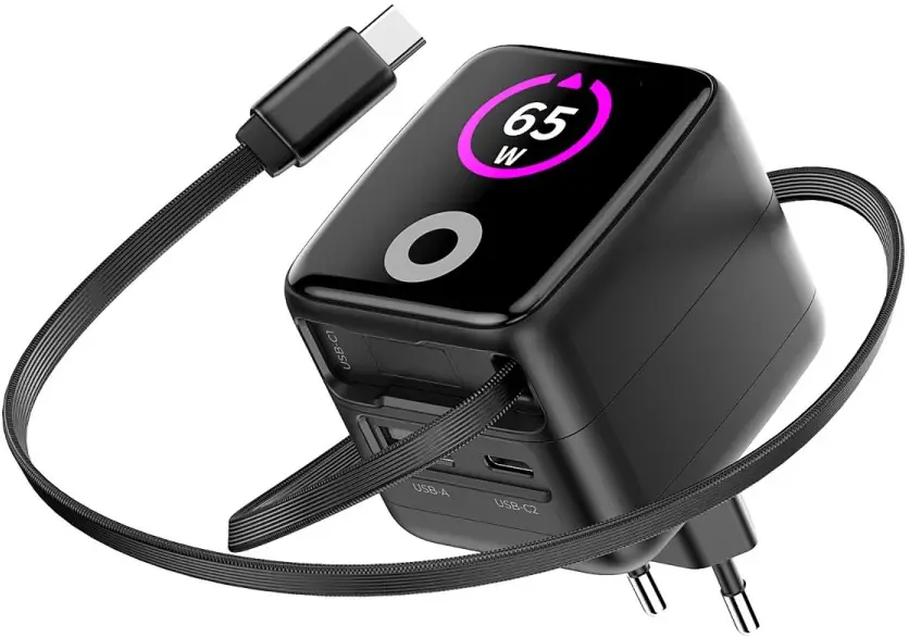 Mobile Origin GaN Oplader 65W met Display USB-C & USB-A + ingebouwde USB-C Kabel afbeelding 4