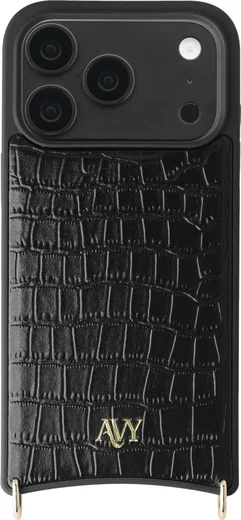 AVY Apple iPhone 18 Pro Hoesje met Koord Haakjes MagSafe Leer Croco Zwart afbeelding 1
