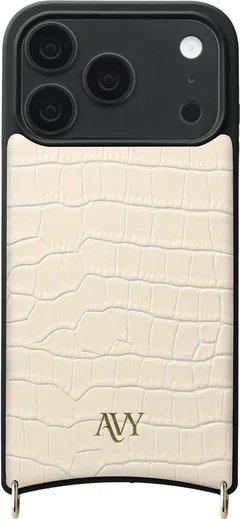 AVY Apple iPhone 18 Pro Hoesje met Koord Haakjes MagSafe Leer Croco Beige afbeelding 1