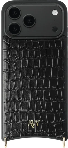 AVY Apple iPhone 18 Pro Max Hoesje met Koord Haakjes MagSafe Leer Croco Zwart afbeelding 1