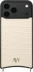 AVY Apple iPhone 18 Pro Max Hoesje met Koord Haakjes MagSafe Leer Croco Beige afbeelding