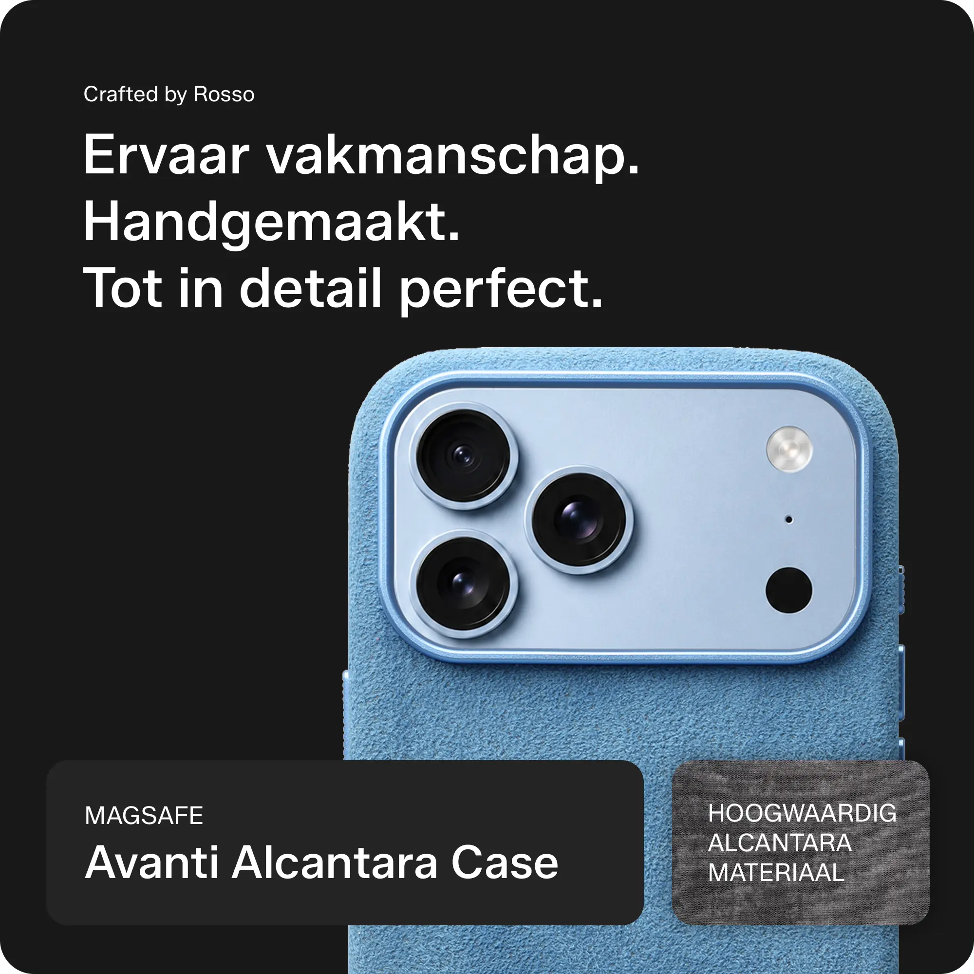 Rosso Avanti iPhone 18 Pro Hoesje Alcantara MagSafe Back Cover Licht Blauw afbeelding 6