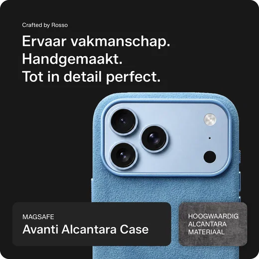 Rosso Avanti iPhone 18 Pro Hoesje Alcantara MagSafe Back Cover Licht Blauw afbeelding 6