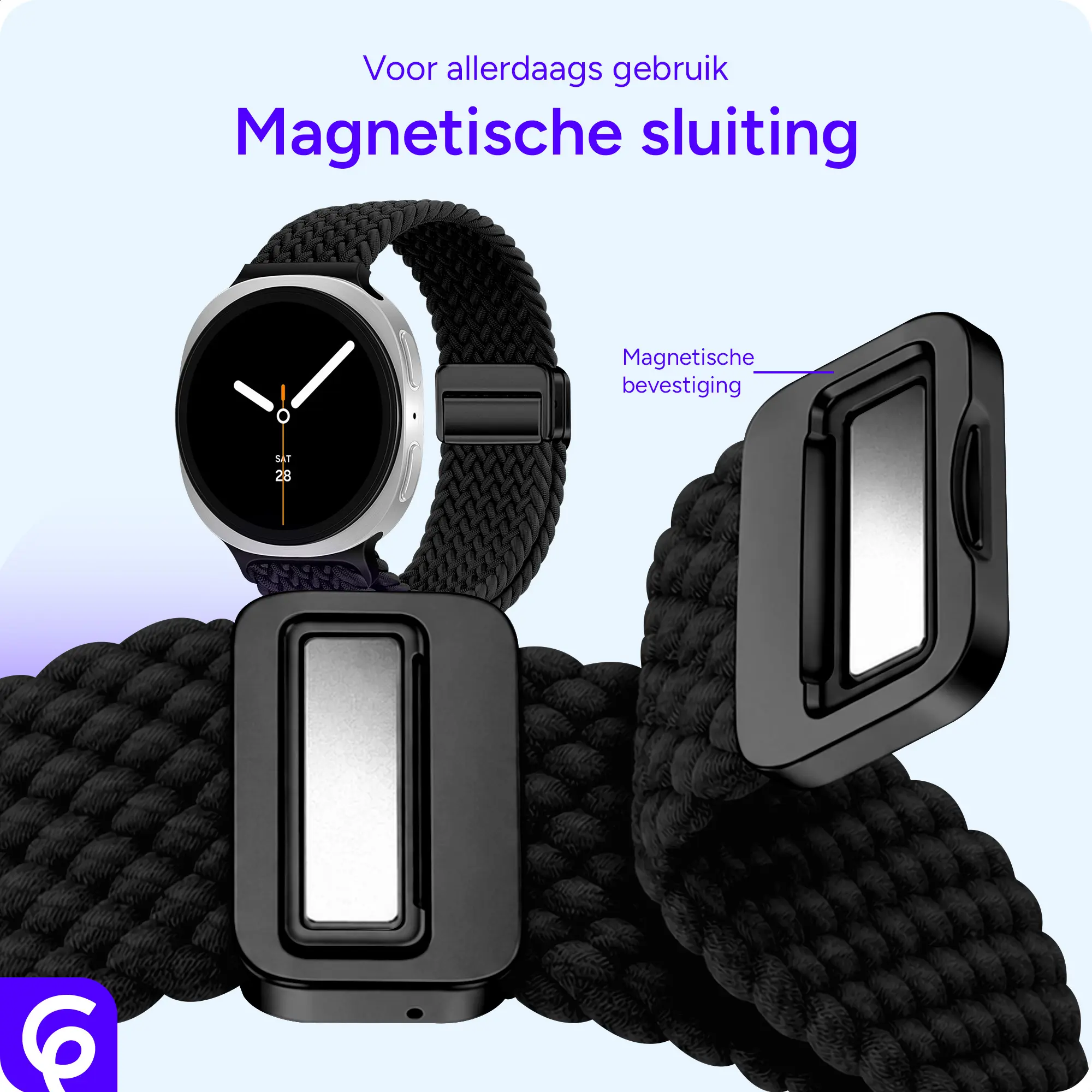 SBG Gevlochten Nylon - Samsung Galaxy Watch 9 / 8 Bandje - Zwart afbeelding 2