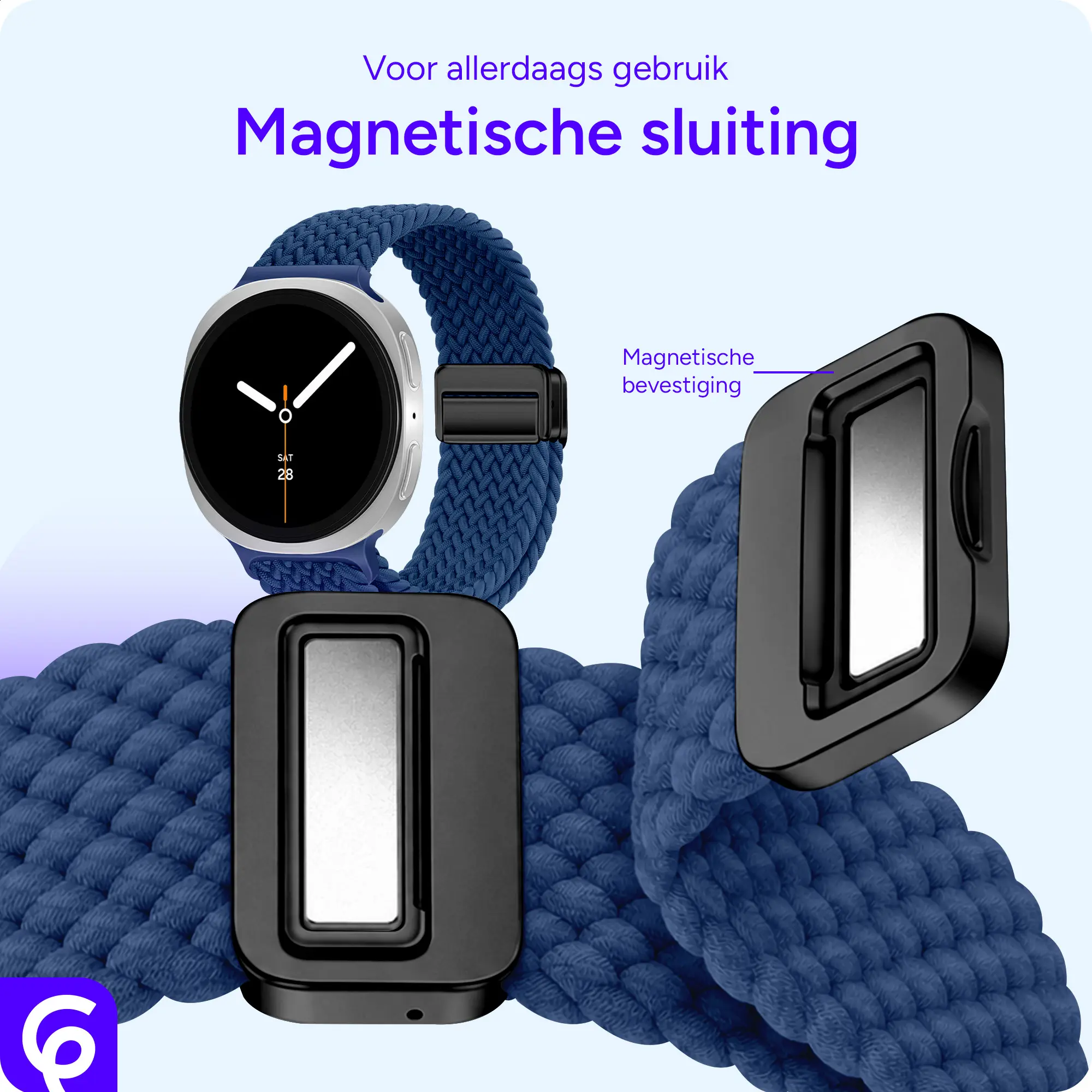 SBG Gevlochten Nylon - Samsung Galaxy Watch 9 / 8 Bandje - Donkerblauw afbeelding 2