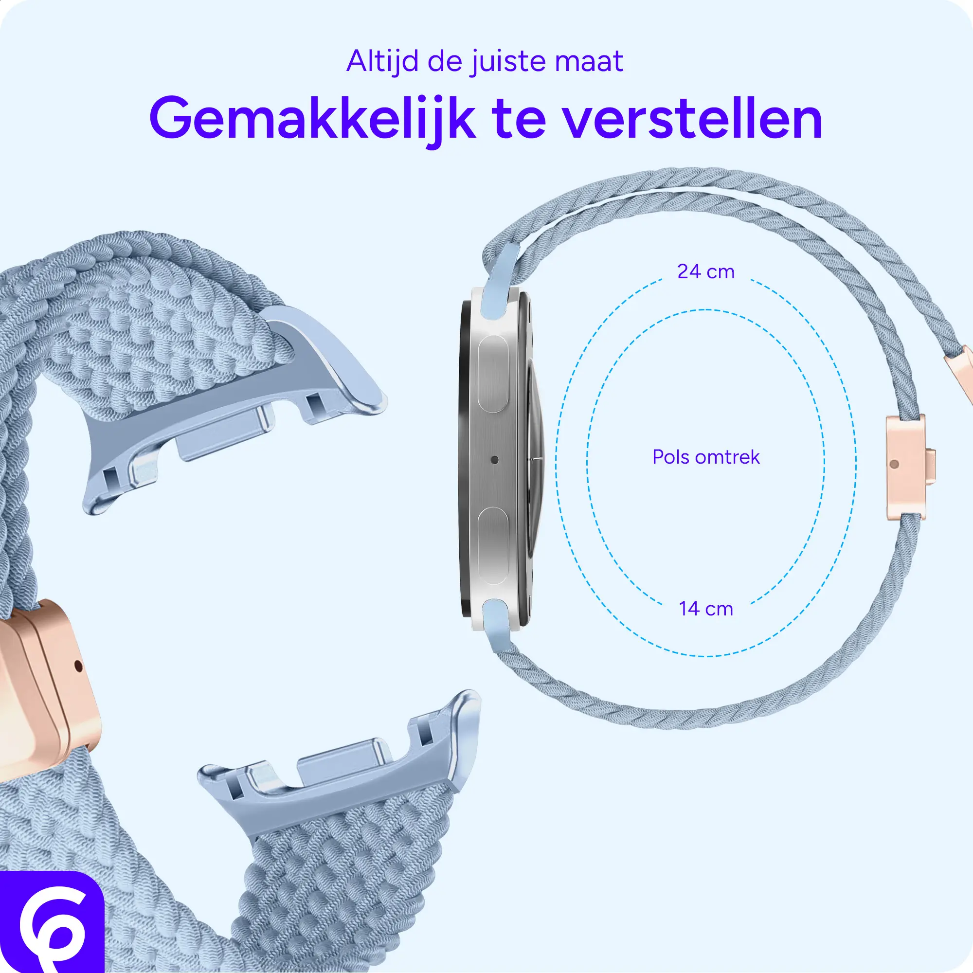 SBG Gevlochten Nylon - Samsung Galaxy Watch 9 / 8 Bandje - Lichtblauw afbeelding 3