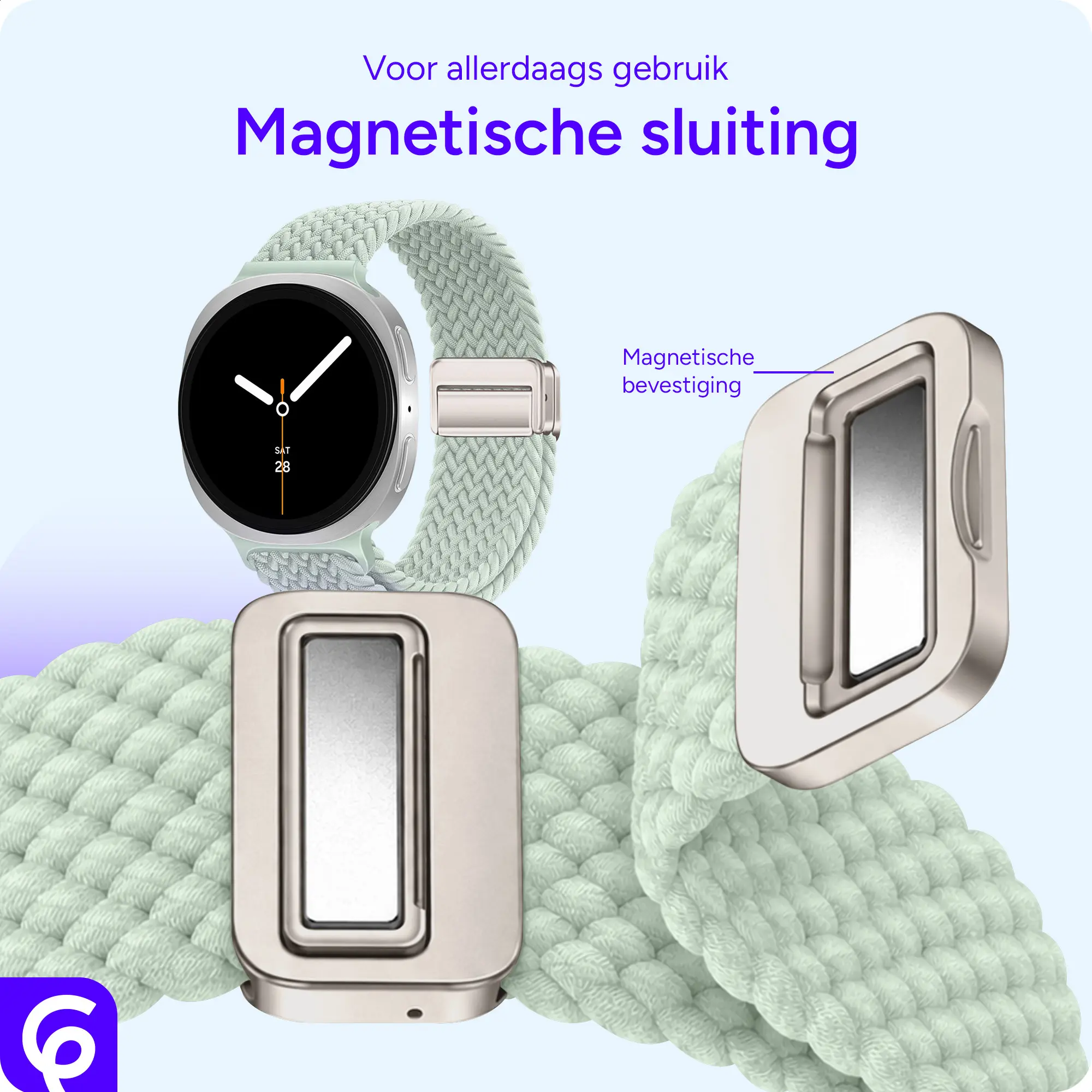 SBG Gevlochten Nylon - Samsung Galaxy Watch 9 / 8 Bandje - Lichtgroen afbeelding 2