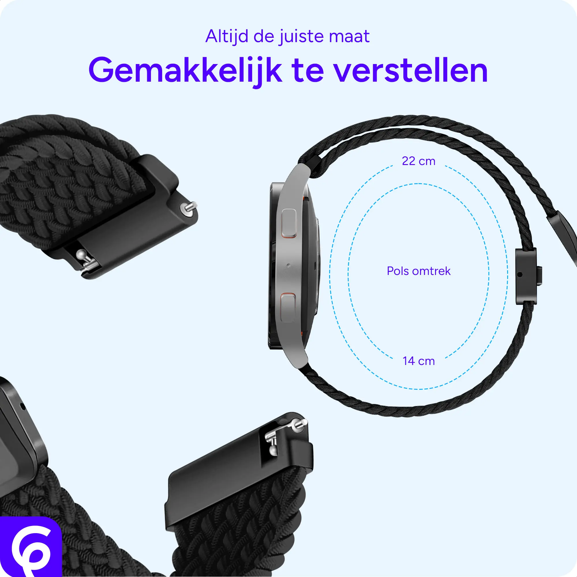 SBG Universeel Smartwatch Bandje - Gevlochten Nylon - 20MM - Zwart afbeelding 3