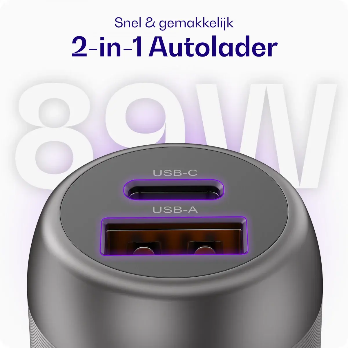 Buddi Power 89W USB-A / USB-C Autolader met USB-C naar Lightning Krulsnoer afbeelding 4
