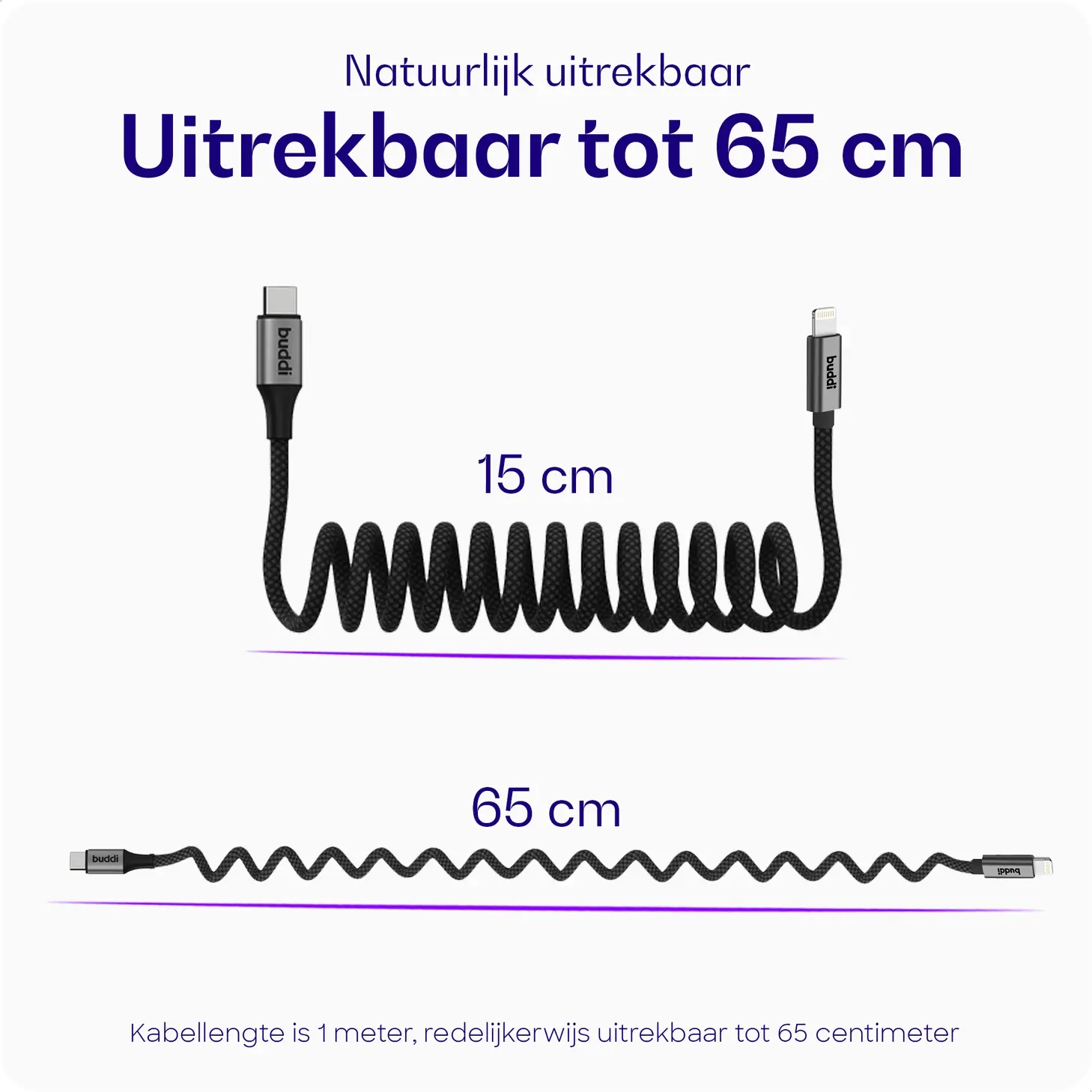 Buddi Power 89W USB-A / USB-C Autolader met USB-C naar Lightning Krulsnoer afbeelding 5