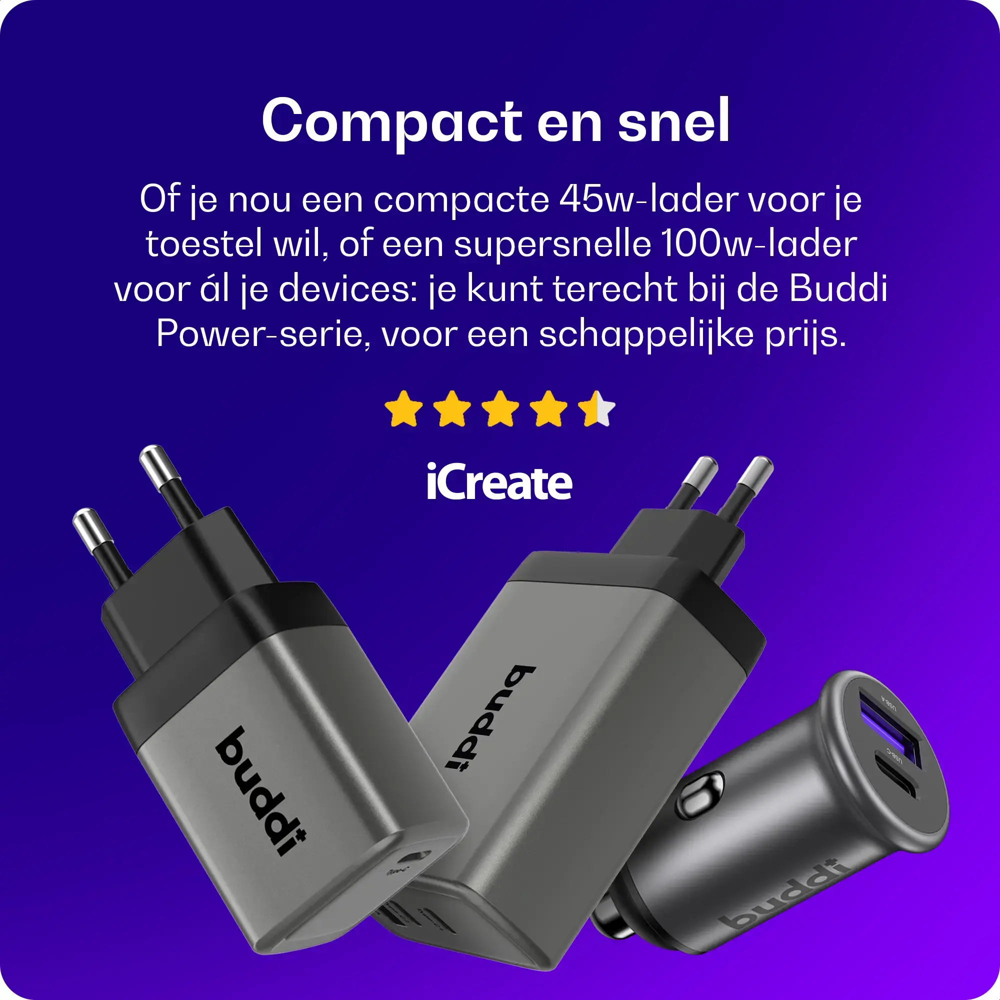 Buddi Power 89W USB-A / USB-C Autolader met USB-C naar Lightning Krulsnoer afbeelding 7