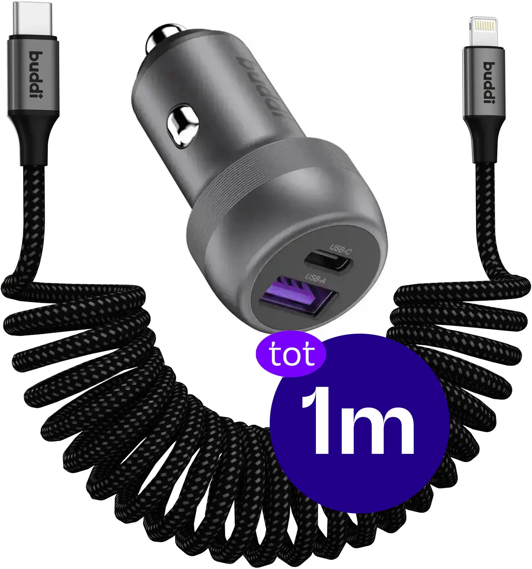Buddi Power 89W USB-A / USB-C Autolader met USB-C naar Lightning Krulsnoer afbeelding 1