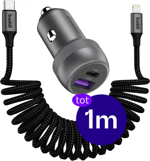 Buddi Power 89W USB-A / USB-C Autolader met USB-C naar Lightning Krulsnoer afbeelding 1