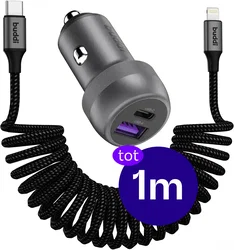 Buddi Power 89W USB-A / USB-C Autolader met USB-C naar Lightning Krulsnoer afbeelding