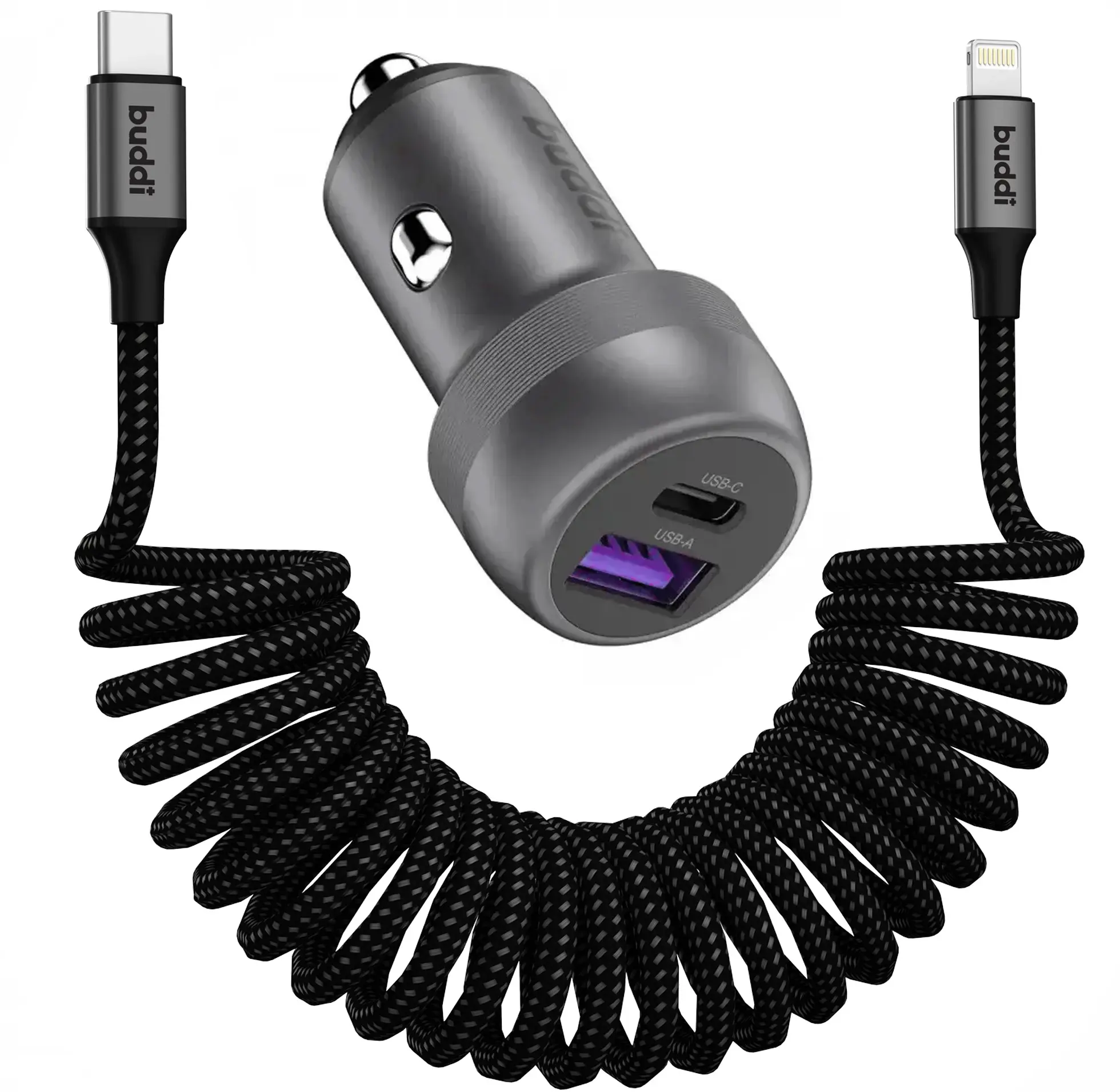 Buddi Power 89W USB-A / USB-C Autolader met USB-C naar Lightning Krulsnoer afbeelding 1